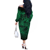 Aotearoa Maori Hei Tiki Off The Shoulder Long Sleeve Dress Kakariki Kowhaiwhai Puhoro Motif LT9 - Polynesian Pride