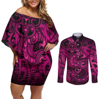 Aotearoa Maori Hei Tiki Couples Matching Off Shoulder Short Dress and Long Sleeve Button Shirt Mawhero Kowhaiwhai Puhoro Motif LT9 Pink - Polynesian Pride