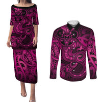 Aotearoa Maori Hei Tiki Couples Matching Puletasi and Long Sleeve Button Shirt Mawhero Kowhaiwhai Puhoro Motif LT9 Pink - Polynesian Pride