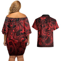 Aotearoa Maori Hei Tiki Couples Matching Off Shoulder Short Dress and Hawaiian Shirt Whero Kowhaiwhai Puhoro Motif LT9 - Polynesian Pride
