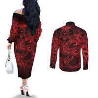 Aotearoa Maori Hei Tiki Couples Matching Off The Shoulder Long Sleeve Dress and Long Sleeve Button Shirt Whero Kowhaiwhai Puhoro Motif LT9 - Polynesian Pride