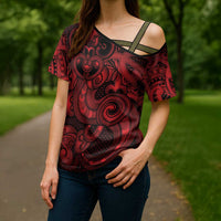 Aotearoa Maori Hei Tiki Cross Shoulder Shirt Whero Kowhaiwhai Puhoro Motif