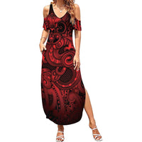 Aotearoa Maori Hei Tiki Family Matching Summer Maxi Dress and Hawaiian Shirt Whero Kowhaiwhai Puhoro Motif LT9 Mom's Dress Red - Polynesian Pride