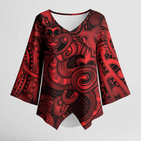 Aotearoa Maori Hei Tiki Kimono Sleeve Blouse Whero Kowhaiwhai Puhoro Motif