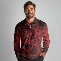 Aotearoa Maori Hei Tiki Long Sleeve Polo Shirt Whero Kowhaiwhai Puhoro Motif LT9 - Polynesian Pride