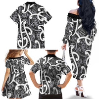 Aotearoa Maori Kowhaiwhai Family Matching Off The Shoulder Long Sleeve Dress and Hawaiian Shirt Kiwikiwi Puhoro and Patiki LT9 - Polynesian Pride