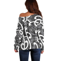 Aotearoa Maori Kowhaiwhai Off Shoulder Sweater Kiwikiwi Puhoro and Patiki
