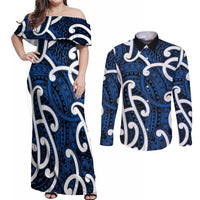 Aotearoa Maori Kowhaiwhai Couples Matching Off Shoulder Maxi Dress and Long Sleeve Button Shirt Kikorangi Puhoro and Patiki LT9 Blue - Polynesian Pride