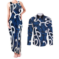 Aotearoa Maori Kowhaiwhai Couples Matching Tank Maxi Dress and Long Sleeve Button Shirt Kikorangi Puhoro and Patiki LT9 Blue - Polynesian Pride