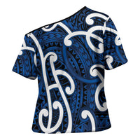 Aotearoa Maori Kowhaiwhai Cross Shoulder Shirt Kikorangi Puhoro and Patiki
