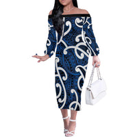 Aotearoa Maori Kowhaiwhai Family Matching Off The Shoulder Long Sleeve Dress and Hawaiian Shirt Kikorangi Puhoro and Patiki LT9 Mom's Dress Blue - Polynesian Pride