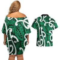 Aotearoa Maori Kowhaiwhai Couples Matching Off Shoulder Short Dress and Hawaiian Shirt Kakariki Puhoro and Patiki LT9 - Polynesian Pride