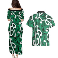 Aotearoa Maori Kowhaiwhai Couples Matching Puletasi and Hawaiian Shirt Kakariki Puhoro and Patiki LT9 - Polynesian Pride