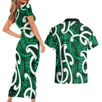 Aotearoa Maori Kowhaiwhai Couples Matching Short Sleeve Bodycon Dress and Hawaiian Shirt Kakariki Puhoro and Patiki LT9 - Polynesian Pride
