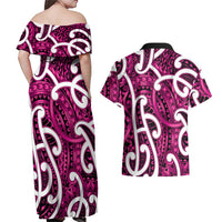Aotearoa Maori Kowhaiwhai Couples Matching Off Shoulder Maxi Dress and Hawaiian Shirt Mawhero Puhoro and Patiki LT9 - Polynesian Pride