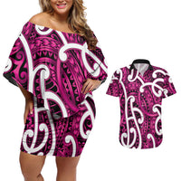Aotearoa Maori Kowhaiwhai Couples Matching Off Shoulder Short Dress and Hawaiian Shirt Mawhero Puhoro and Patiki LT9 Pink - Polynesian Pride