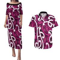 Aotearoa Maori Kowhaiwhai Couples Matching Puletasi and Hawaiian Shirt Mawhero Puhoro and Patiki LT9 Pink - Polynesian Pride