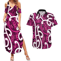 Aotearoa Maori Kowhaiwhai Couples Matching Summer Maxi Dress and Hawaiian Shirt Mawhero Puhoro and Patiki LT9 Pink - Polynesian Pride