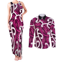 Aotearoa Maori Kowhaiwhai Couples Matching Tank Maxi Dress and Long Sleeve Button Shirt Mawhero Puhoro and Patiki LT9 Pink - Polynesian Pride