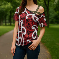 Aotearoa Maori Kowhaiwhai Cross Shoulder Shirt Whero Puhoro and Patiki