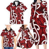Aotearoa Maori Kowhaiwhai Family Matching Long Sleeve Bodycon Dress and Hawaiian Shirt Whero Puhoro and Patiki LT9 - Polynesian Pride