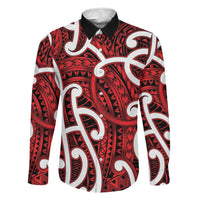 Aotearoa Maori Kowhaiwhai Family Matching Off Shoulder Short Dress and Hawaiian Shirt Whero Puhoro and Patiki LT9 Dad's Shirt - Long Sleeve Red - Polynesian Pride