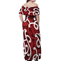 Aotearoa Maori Kowhaiwhai Off Shoulder Maxi Dress Whero Puhoro and Patiki