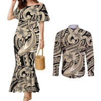 Polynesian Shark Tribal Tattoo Couples Matching Mermaid Dress and Long Sleeve Button Shirt Beige Style LT9 Beige - Polynesian Pride