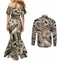 Polynesian Shark Tribal Tattoo Couples Matching Mermaid Dress and Long Sleeve Button Shirt Beige Style LT9 - Polynesian Pride