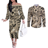 Polynesian Shark Tribal Tattoo Couples Matching Off The Shoulder Long Sleeve Dress and Long Sleeve Button Shirt Beige Style