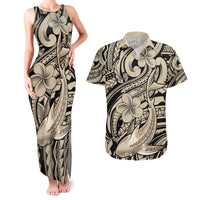 Polynesian Shark Tribal Tattoo Couples Matching Tank Maxi Dress and Hawaiian Shirt Beige Style