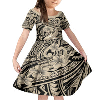 Polynesian Shark Tribal Tattoo Family Matching Off Shoulder Short Dress and Hawaiian Shirt Beige Style