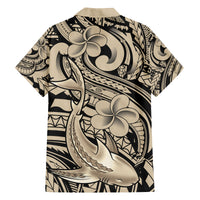 Polynesian Shark Tribal Tattoo Family Matching Off Shoulder Short Dress and Hawaiian Shirt Beige Style