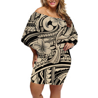 Polynesian Shark Tribal Tattoo Family Matching Off Shoulder Short Dress and Hawaiian Shirt Beige Style