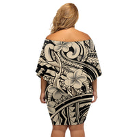 Polynesian Shark Tribal Tattoo Family Matching Off Shoulder Short Dress and Hawaiian Shirt Beige Style