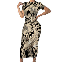 Polynesian Shark Tribal Tattoo Family Matching Short Sleeve Bodycon Dress and Hawaiian Shirt Beige Style LT9 Mom's Dress Beige - Polynesian Pride