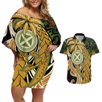 Wallis and Futuna Victory Day Couples Matching Off Shoulder Short Dress and Hawaiian Shirt Since 1945 with Polynesian Platinum Floral Tribal LT9 Red - Polynesian Pride