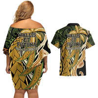 Wallis and Futuna Victory Day Couples Matching Off Shoulder Short Dress and Hawaiian Shirt Since 1945 with Polynesian Platinum Floral Tribal LT9 - Polynesian Pride