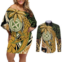 Wallis and Futuna Victory Day Couples Matching Off Shoulder Short Dress and Long Sleeve Button Shirt Since 1945 with Polynesian Platinum Floral Tribal LT9 Red - Polynesian Pride