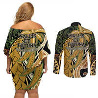 Wallis and Futuna Victory Day Couples Matching Off Shoulder Short Dress and Long Sleeve Button Shirt Since 1945 with Polynesian Platinum Floral Tribal LT9 - Polynesian Pride