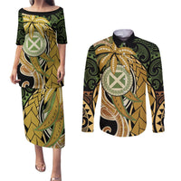 Wallis and Futuna Victory Day Couples Matching Puletasi and Long Sleeve Button Shirt Since 1945 with Polynesian Platinum Floral Tribal LT9 Red - Polynesian Pride