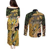 Wallis and Futuna Victory Day Couples Matching Puletasi and Long Sleeve Button Shirt Since 1945 with Polynesian Platinum Floral Tribal LT9 - Polynesian Pride