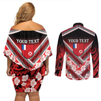 Personalised Wallis et Futuna Couples Matching Off Shoulder Short Dress and Long Sleeve Button Shirt Hibiscus and Polynesian Tribal Tattoos