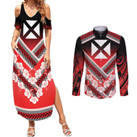 Personalised Wallis et Futuna Couples Matching Summer Maxi Dress and Long Sleeve Button Shirt Hibiscus and Polynesian Tribal Tattoos LT9 Red - Polynesian Pride
