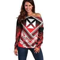 Personalised Wallis et Futuna Off Shoulder Sweater Hibiscus and Polynesian Tribal Tattoos