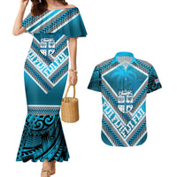 Custom Fiji Rugby Couples Matching Mermaid Dress and Hawaiian Shirt Fijian Warrior With Polynesian Tribal Tattoos LT9 Blue - Polynesian Pride