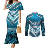 Custom Fiji Rugby Couples Matching Mermaid Dress and Long Sleeve Button Shirt Fijian Warrior With Polynesian Tribal Tattoos LT9 Blue - Polynesian Pride