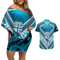 Custom Fiji Rugby Couples Matching Off Shoulder Short Dress and Hawaiian Shirt Fijian Warrior With Polynesian Tribal Tattoos LT9 Blue - Polynesian Pride