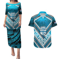 Custom Fiji Rugby Couples Matching Puletasi and Hawaiian Shirt Fijian Warrior With Polynesian Tribal Tattoos LT9 Blue - Polynesian Pride