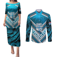 Custom Fiji Rugby Couples Matching Puletasi and Long Sleeve Button Shirt Fijian Warrior With Polynesian Tribal Tattoos LT9 Blue - Polynesian Pride